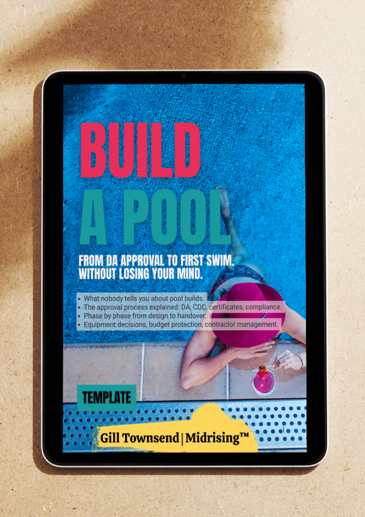 A promotional graphic for a pool-building template with large text reading 'BUILD A POOL' over a blue pool background, a partially visible person in a pink swimsuit at the pool edge, and the name Gill Townsend | Midrising at the bottom displayed on a tablet with cream background.