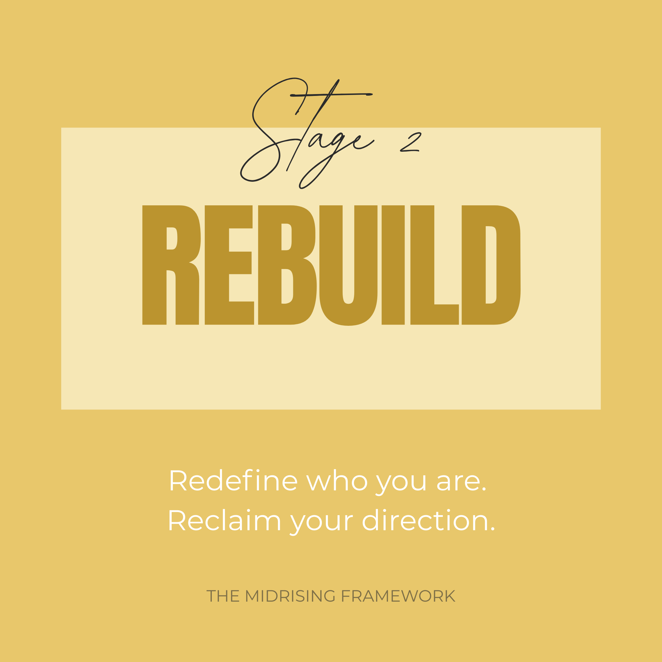 Motivational quote on a yellow background with text 'Stage 2 REBUILD' and 'The Midrising Framework'.