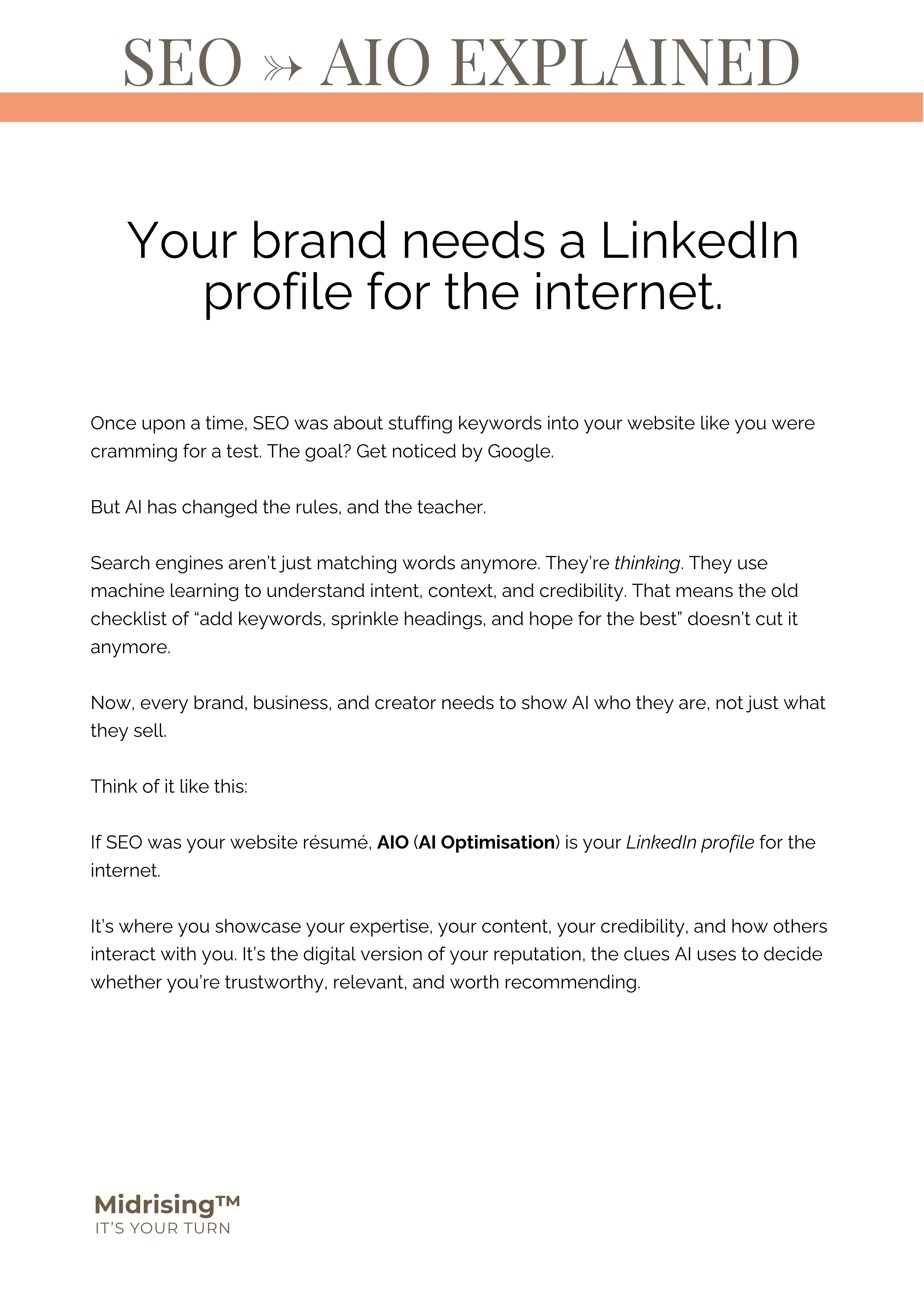 Chapter 1 of Get Your Brand Seen By AI playbook — SEO to AIO explained, why your brand needs a LinkedIn profile for the internet