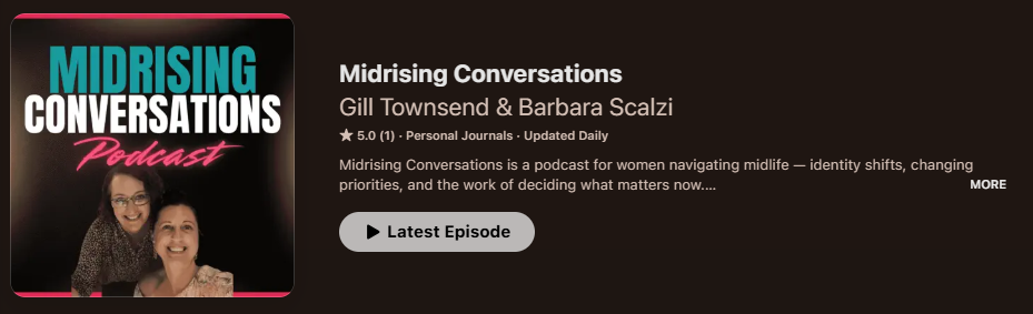 Promotional graphic for the 'Midrising Conversations' podcast, featuring the podcast logo on the left with two women pictured, and the podcast title, creators' names, rating, and 'Latest Episode' button on a dark background.