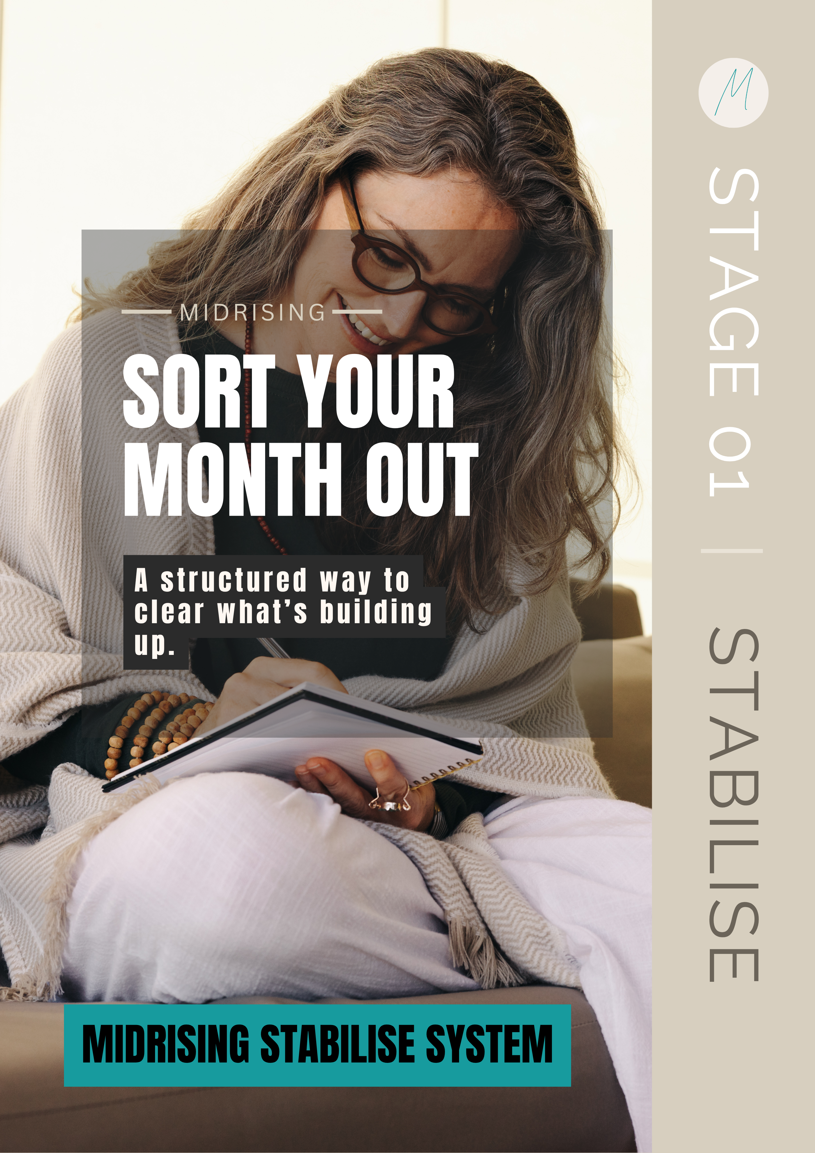 Sort Your Month Out workbook cover — part of the Midrising Stabilise System, a structured way to clear what's building up
