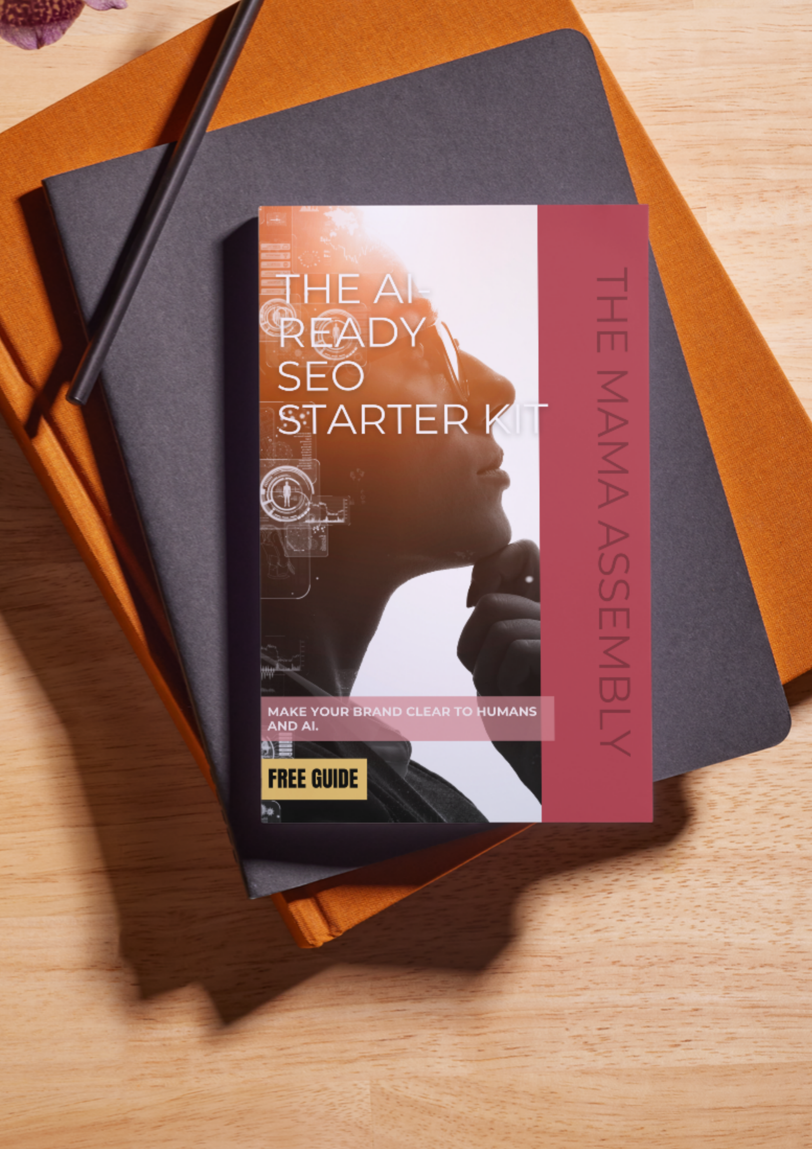 Book titled 'The AI Ready SEO Starter Kit' by The Mama Assembly on a wooden surface