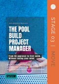 The Pool Build Project Manager — Midrising Stage 03 Move system cover. Woman relaxing by a pool, teal water, orange sidebar.