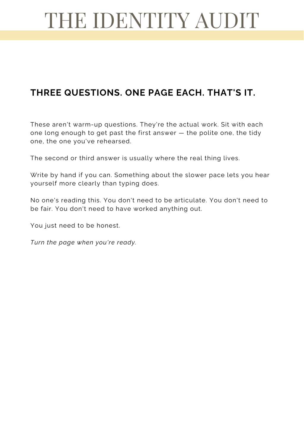 Identity Audit from If You Don't Know Who You Are Anymore — three-prompt reflection exercise for Gen X women in midlife transition.