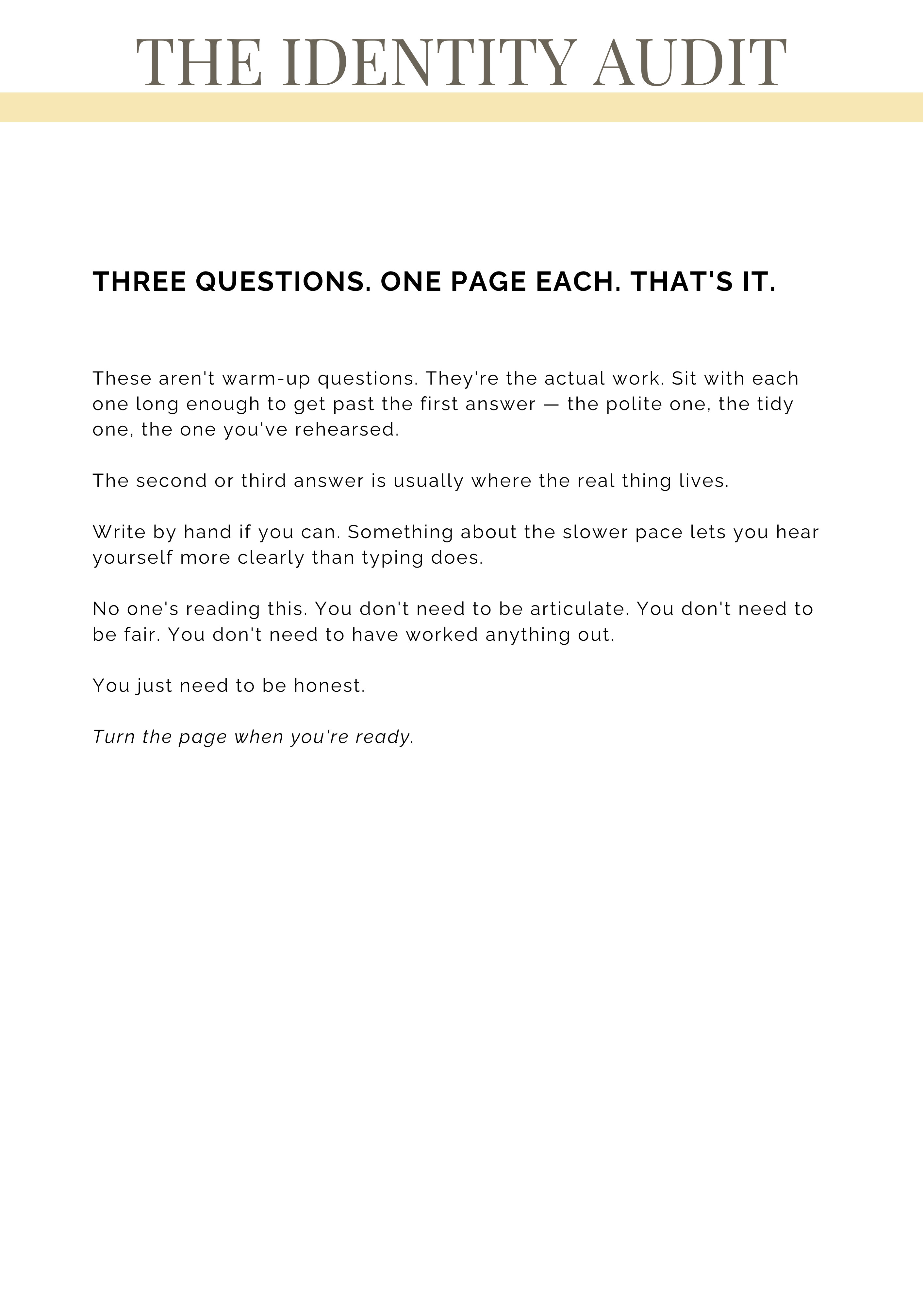 Identity Audit from If You Don't Know Who You Are Anymore — three-prompt reflection exercise for Gen X women in midlife transition.