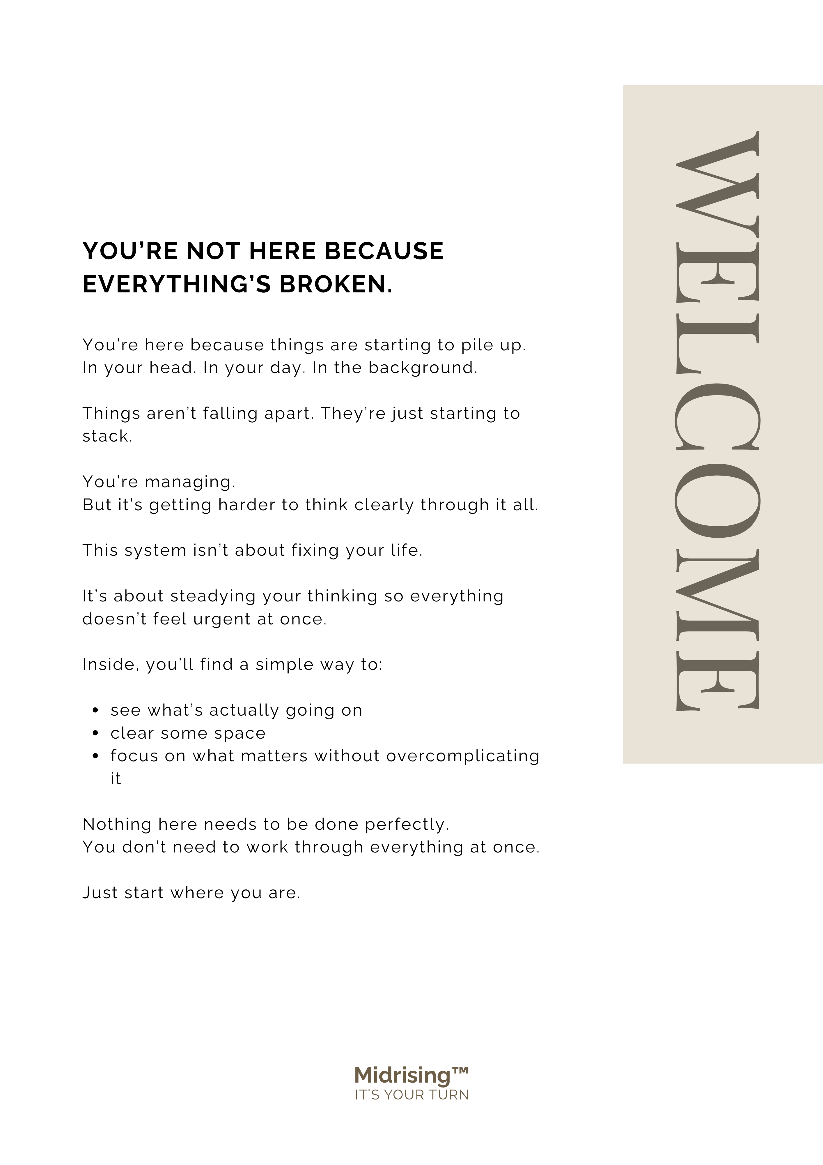Welcome page from Midrising Stabilise System — introduction for when things start to pile up in your head, day, and background