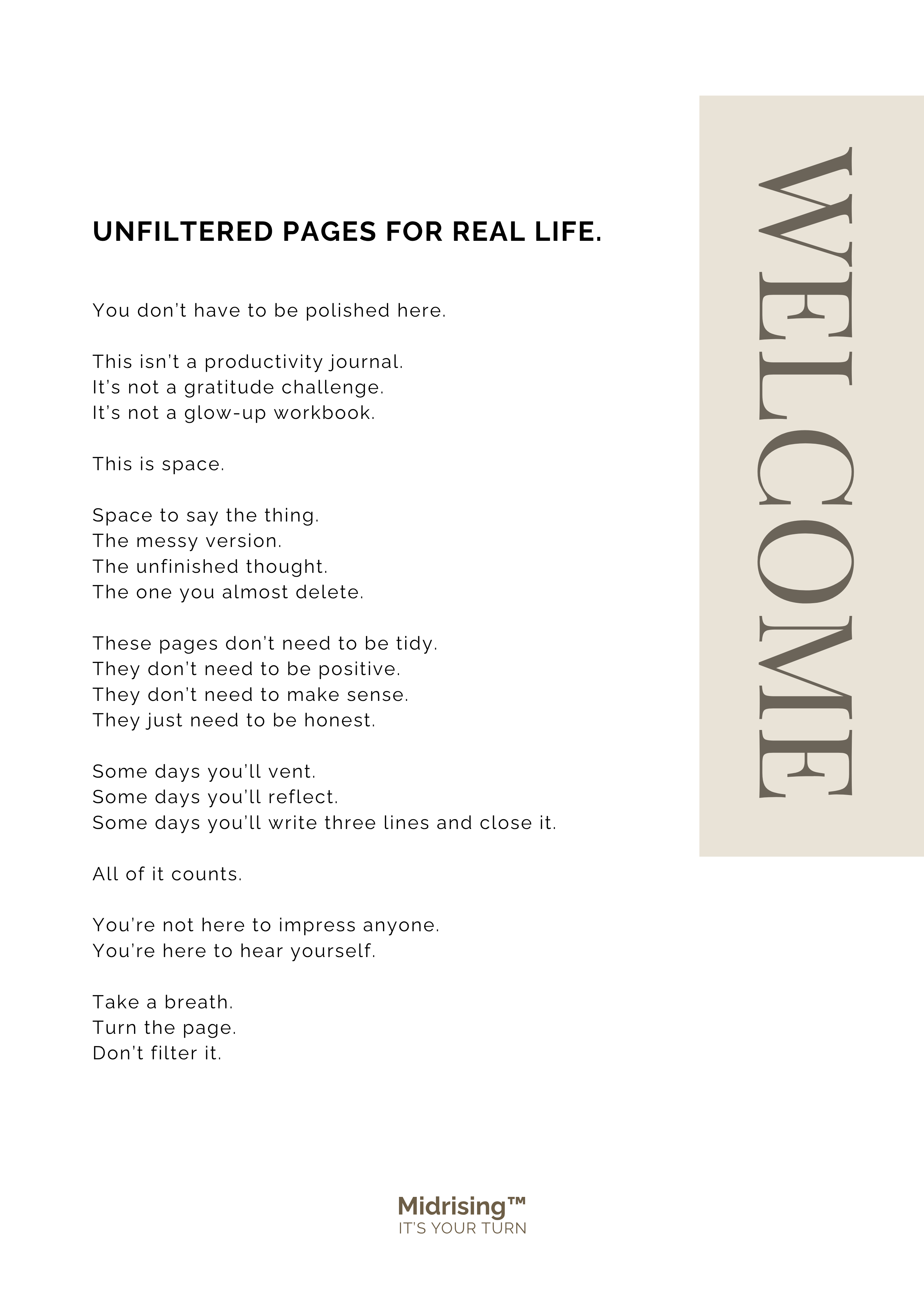 Welcome page inside The Reset Foundations Workbook — unfiltered pages for real life, part of the Midrising Stabilise System