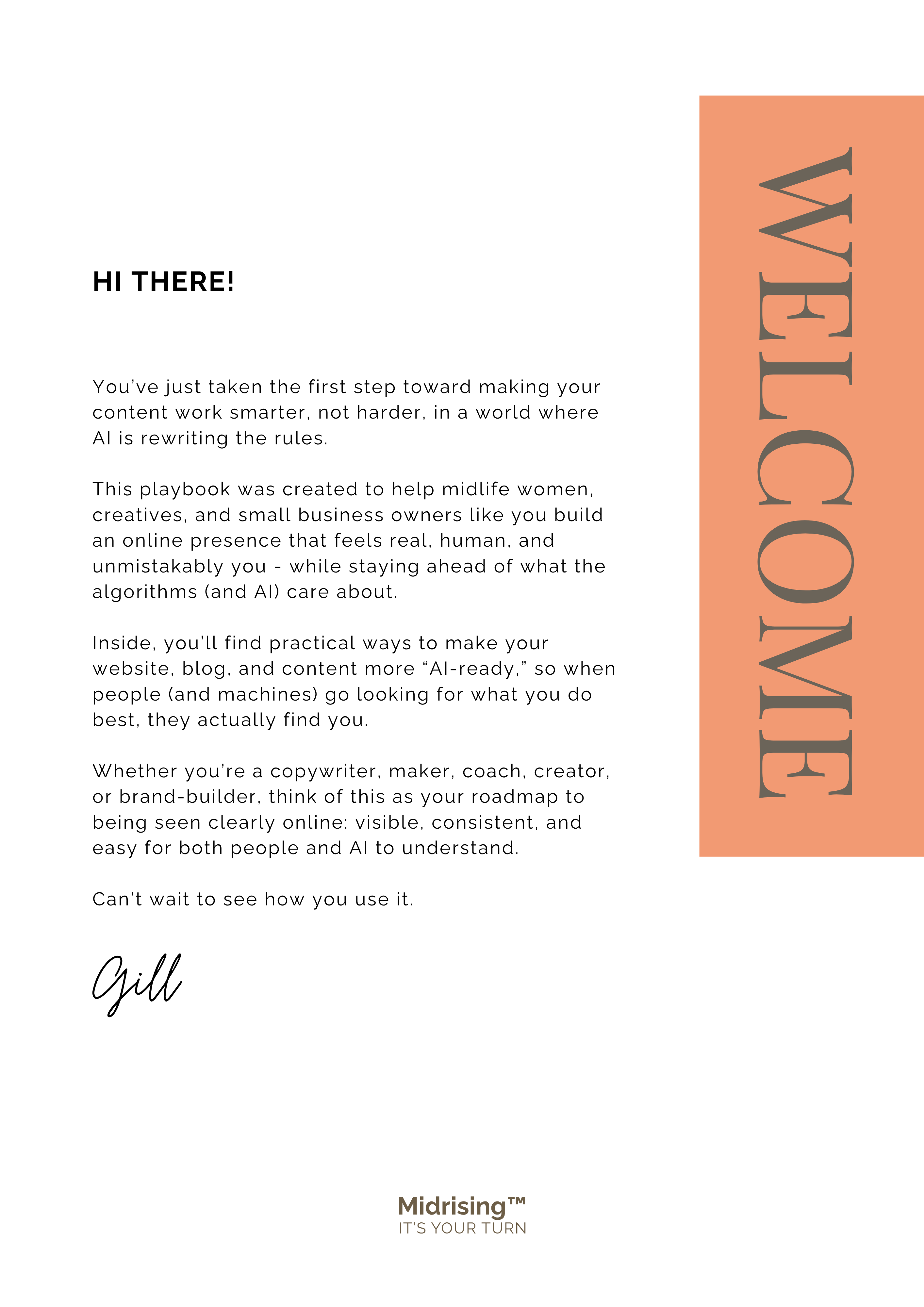 Welcome page from Get Your Brand Seen By AI playbook — personal introduction from Midrising founder Gill on building an AI-ready online presence