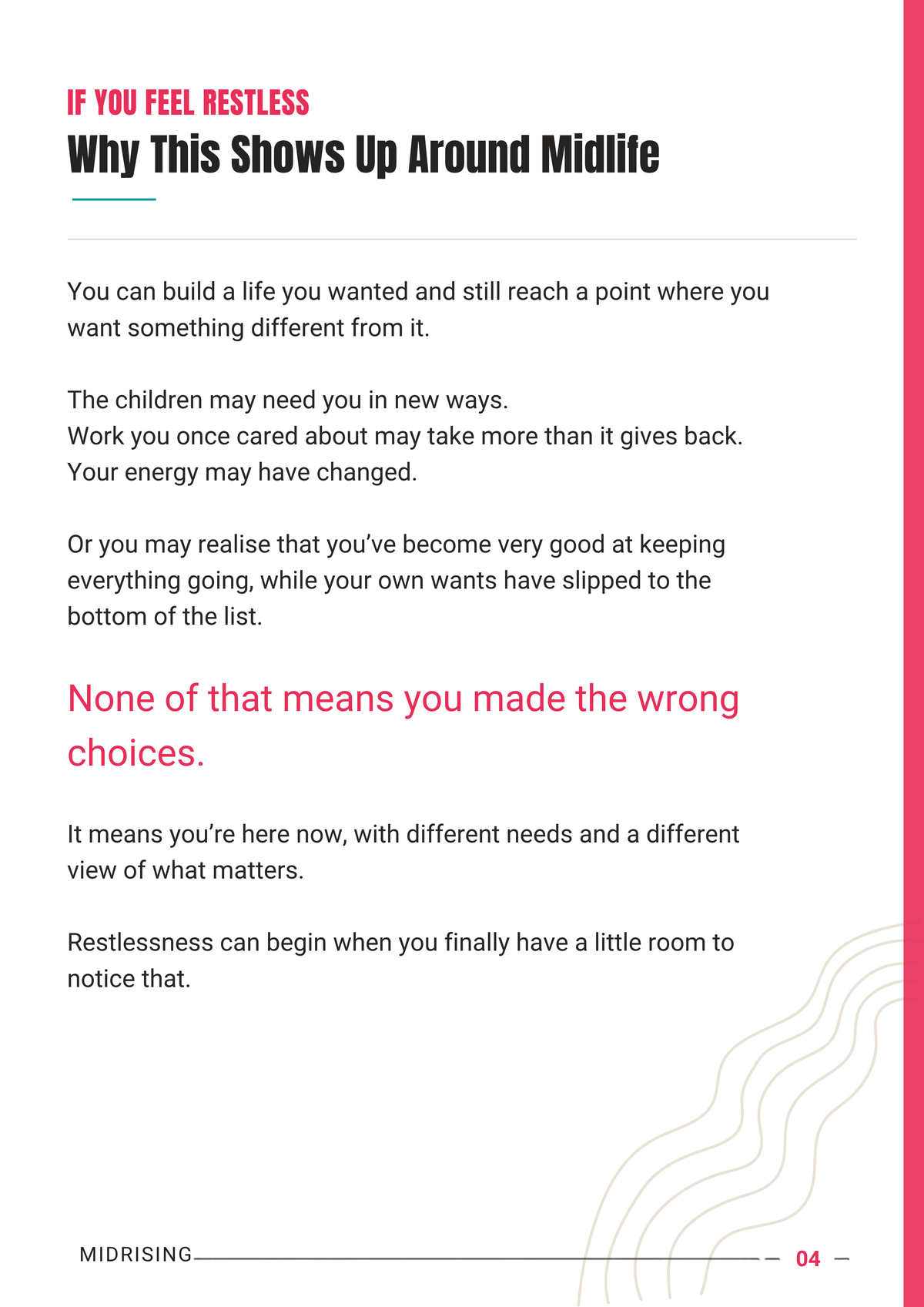 A text-based informational page with the heading 'Why This Shows Up Around Midlife' and several paragraphs of black text, accented by red and blue headline text. The page has a white background with a pink vertical stripe on the right edge and a small abstract line graphic near the bottom right.
