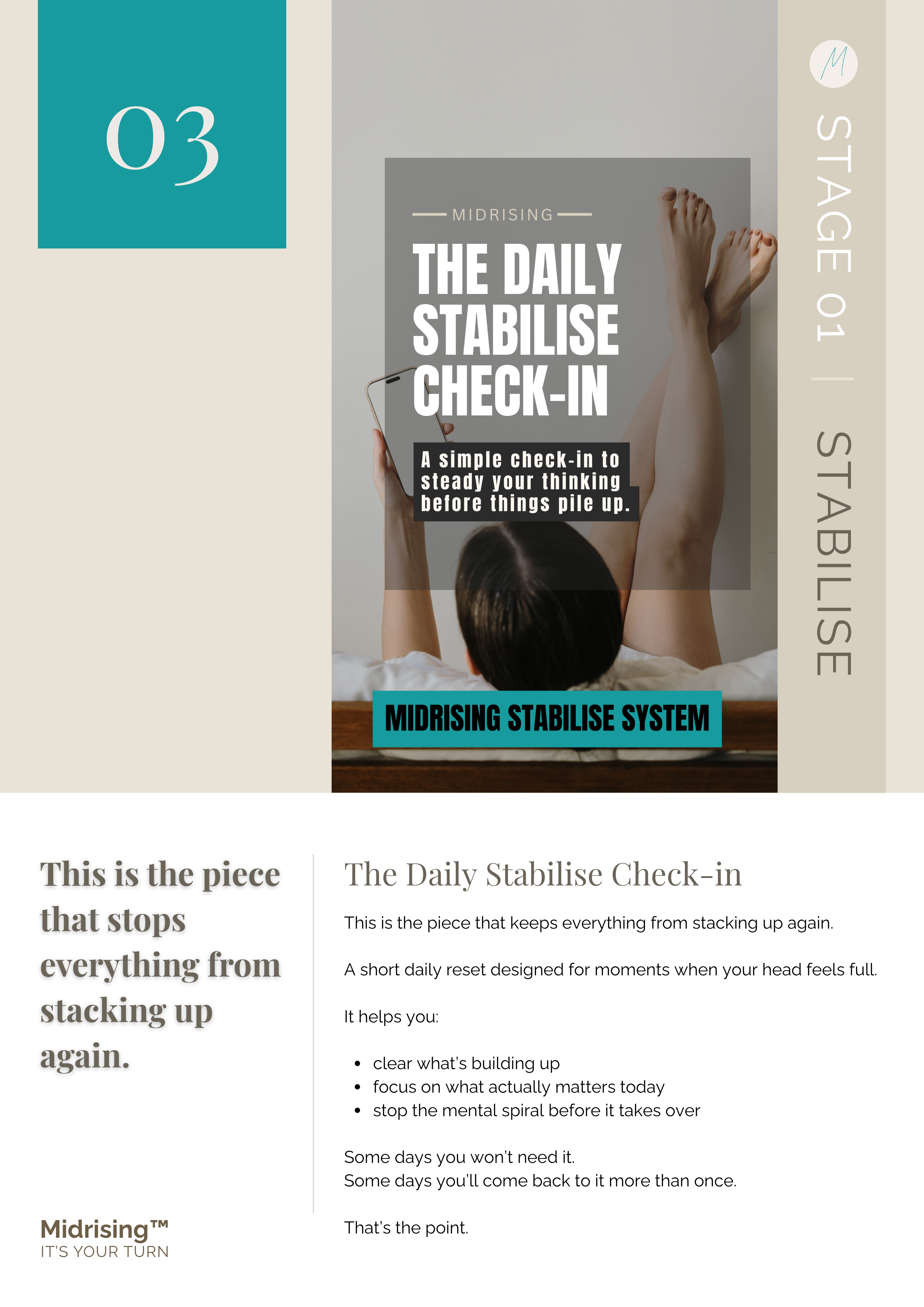 nside the Midrising Stabilise System — The Daily Stabilise Check-In, a simple check-in to steady your thinking before things pile up
