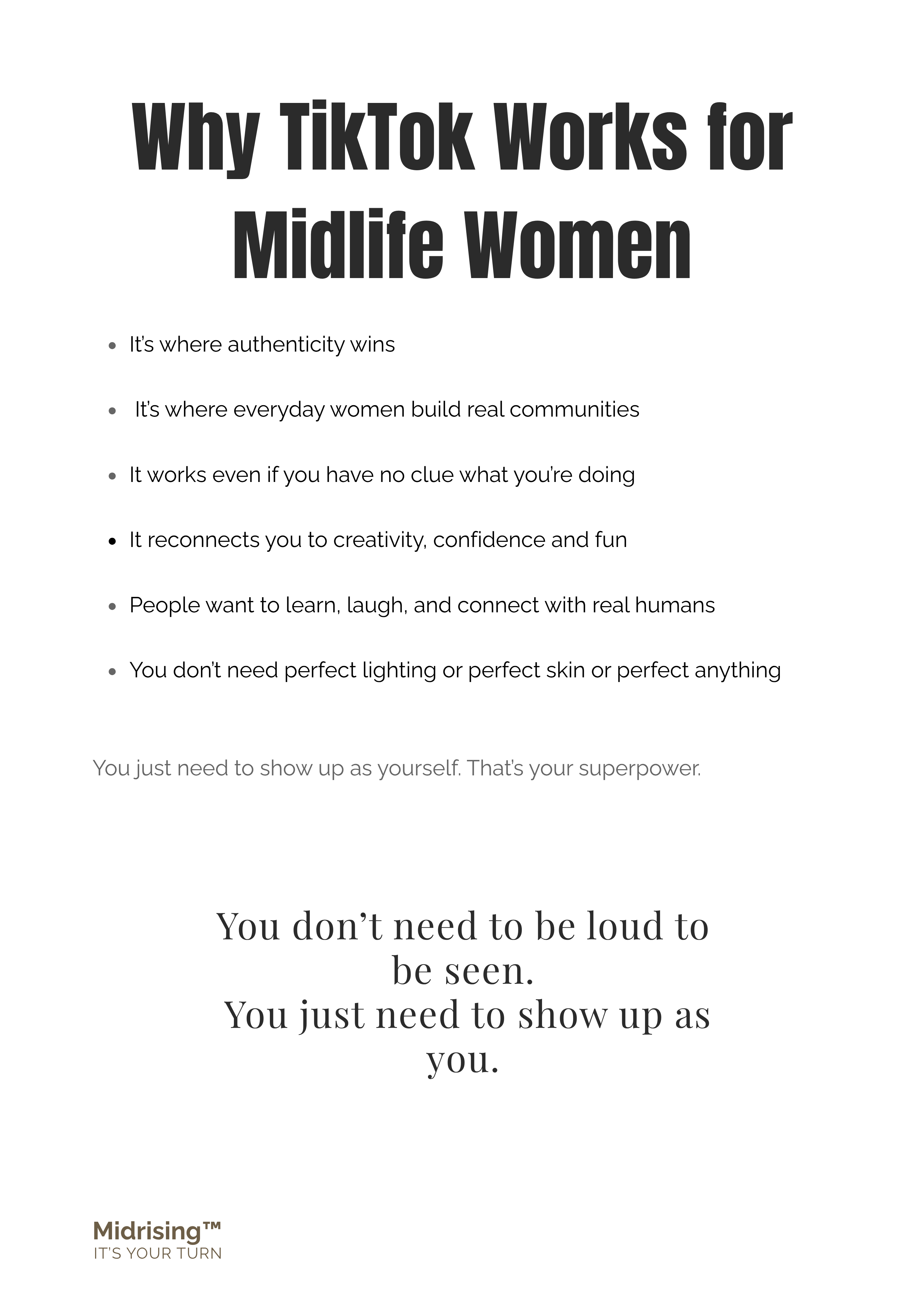 Why TikTok Works for Midlife Women — page from the Midrising TikTok guide listing six reasons TikTok suits Gen X women.