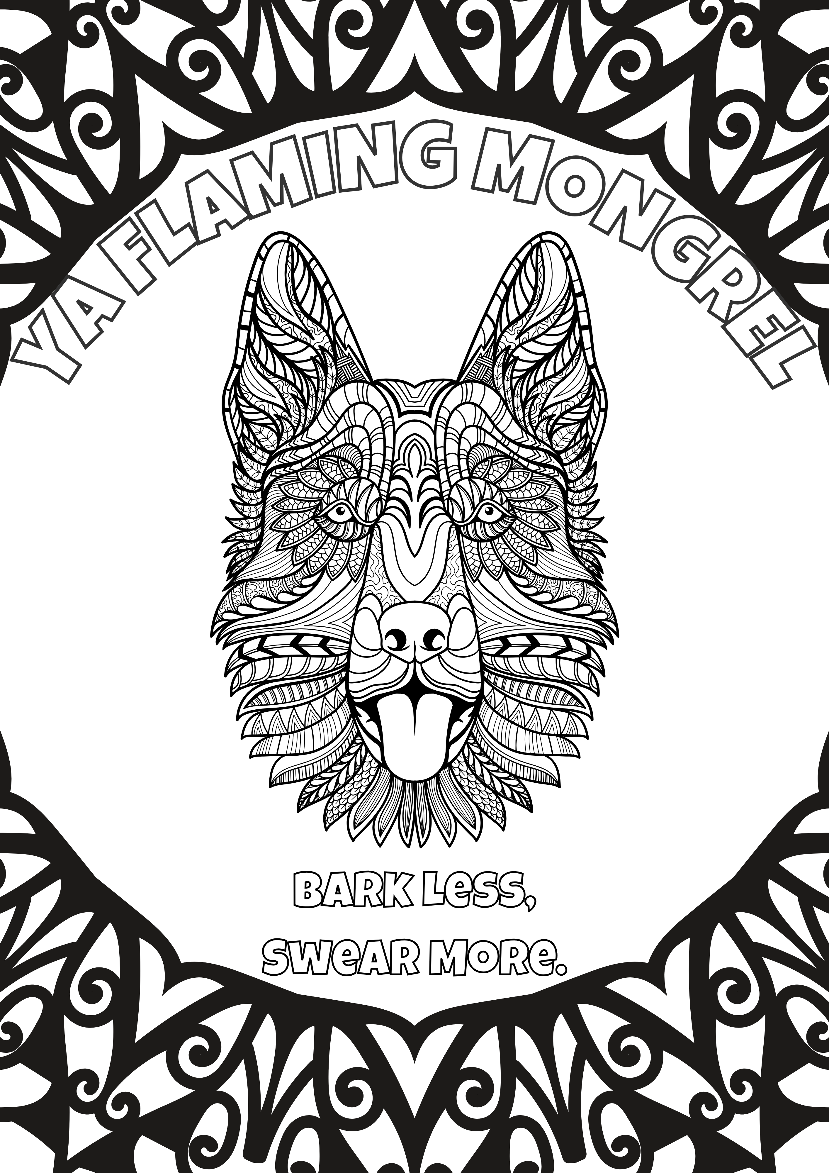 Interior page from Colour Me Stressed showing a dog illustration with ornate mandala lettering and an Aussie swear phrase