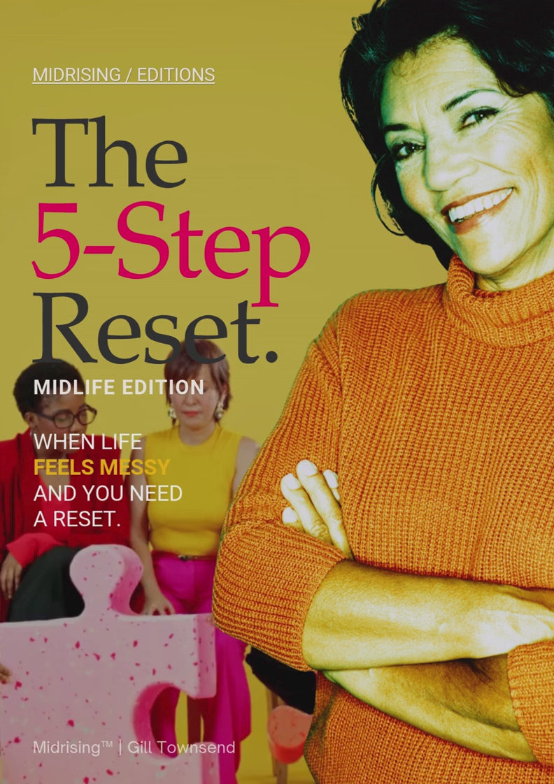 Midrising Editions cover for The 5-Step Reset (Midlife Edition), featuring a smiling midlife woman with dark hair wearing a bright orange jumper, arms crossed against a vibrant yellow background. Bold black, hot-pink and white editorial typography with the tagline “When life feels messy and you need a reset.”