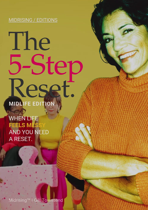 Midrising Editions cover for The 5-Step Reset (Midlife Edition), featuring a smiling midlife woman with dark hair wearing a bright orange jumper, arms crossed against a vibrant yellow background. Bold black, hot-pink and white editorial typography with the tagline “When life feels messy and you need a reset.”