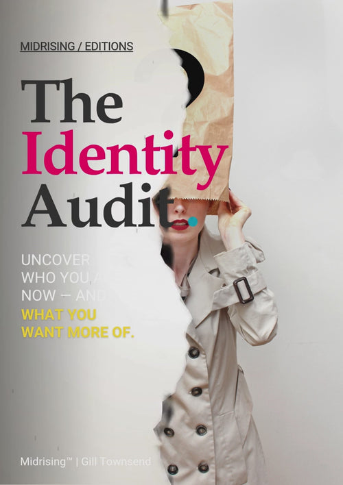 Midrising Editions cover for The Identity Audit, featuring a woman in a beige trench coat holding a paper bag with a large black question mark in front of her face. Playful editorial design with bold black and hot-pink typography, a teal accent and the tagline “Uncover who you are now — and what you want more of.”