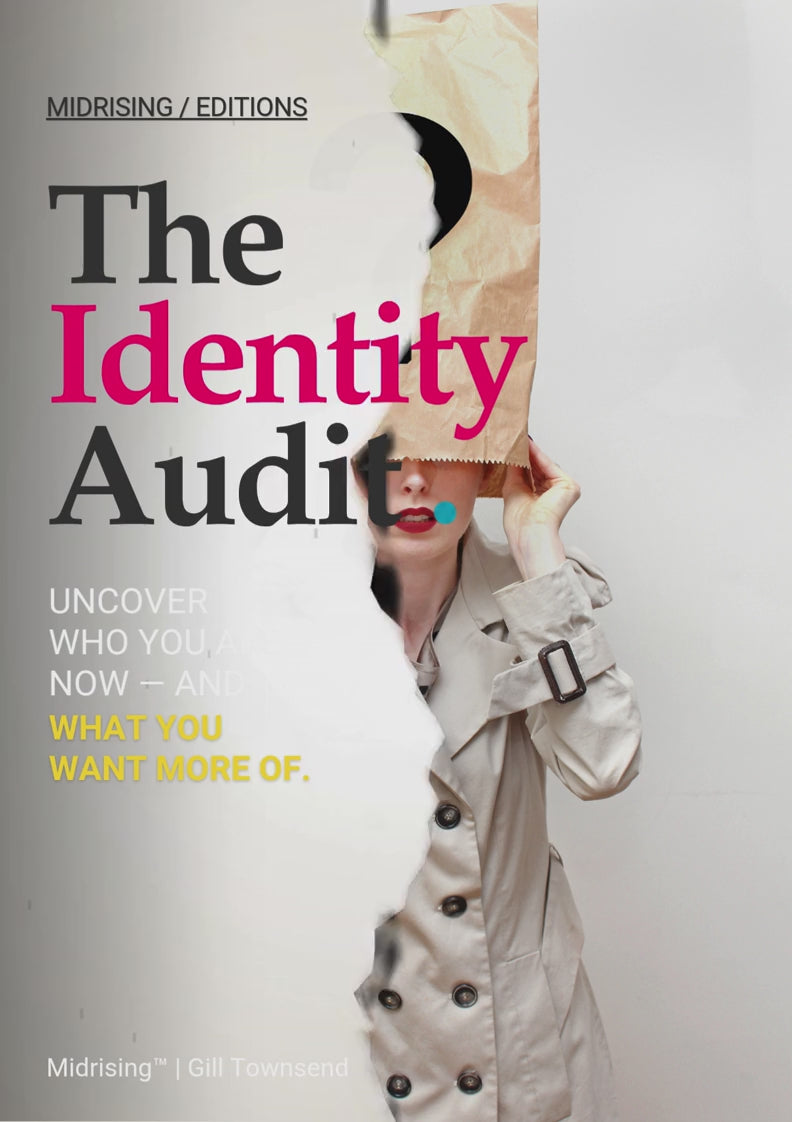 Midrising Editions cover for The Identity Audit, featuring a woman in a beige trench coat holding a paper bag with a large black question mark in front of her face. Playful editorial design with bold black and hot-pink typography, a teal accent and the tagline “Uncover who you are now — and what you want more of.”
